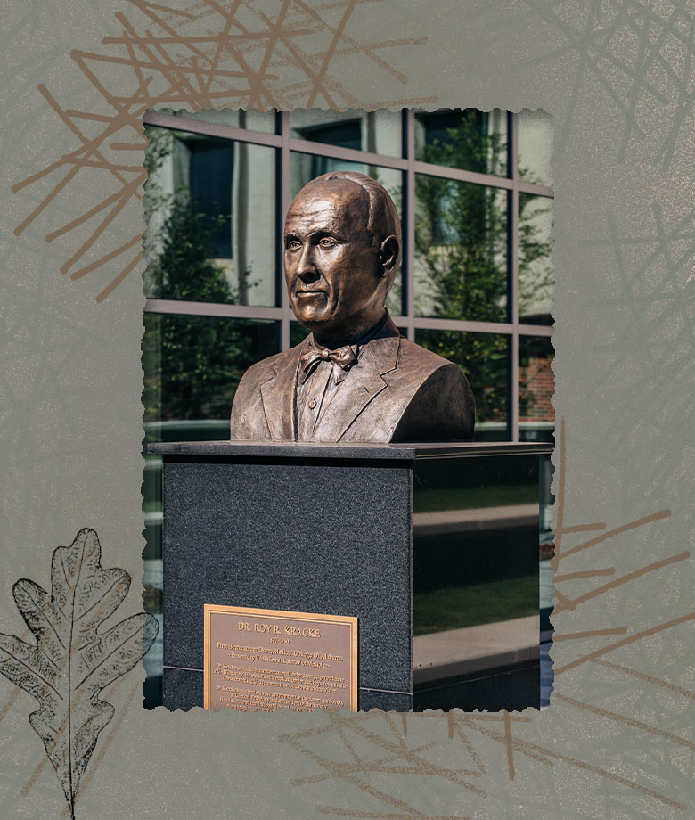 A bronze bust sculpture of Dr. Roy R. Kracke by Branko Medenica