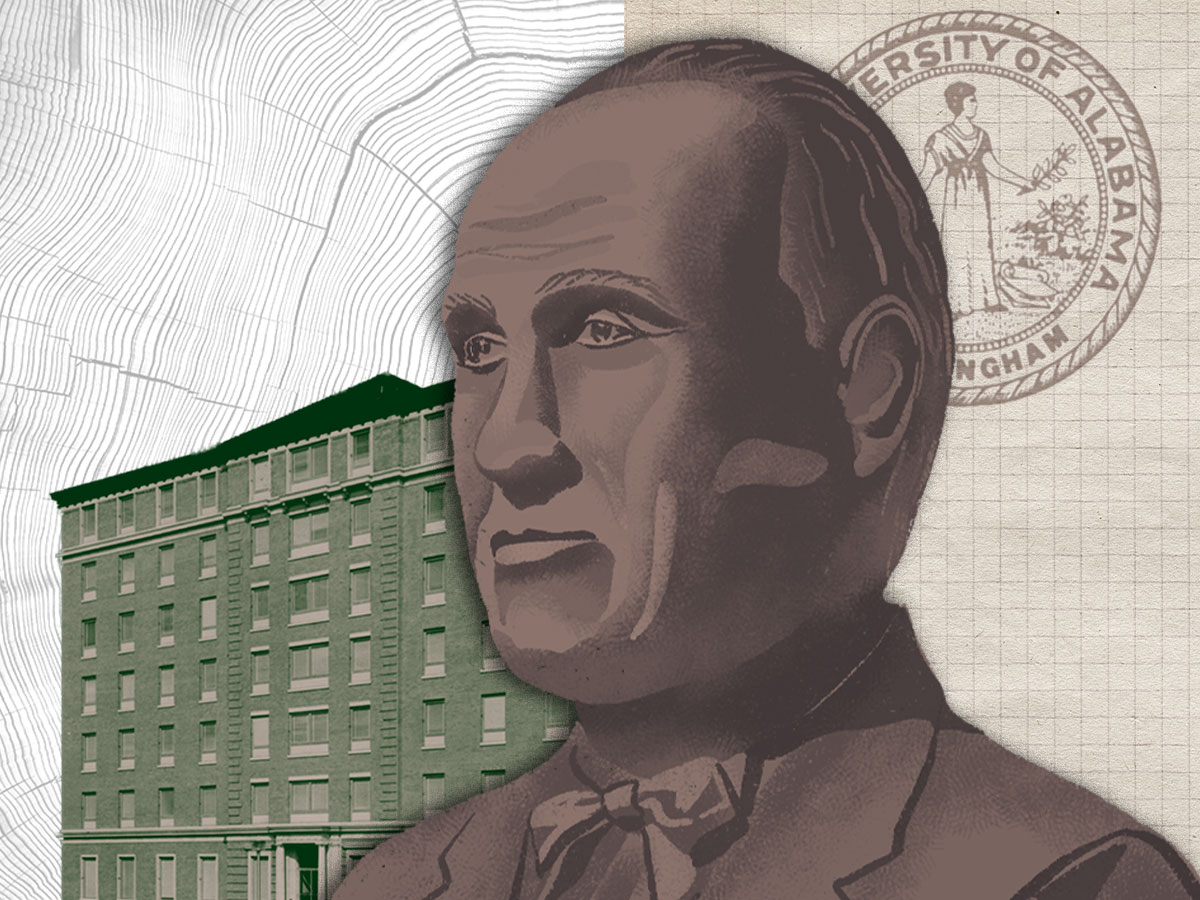 A digital illustration of Dr. Roy Kracke's bronzed bust with archival images in the background mixed with writing and UAB's University Seal.