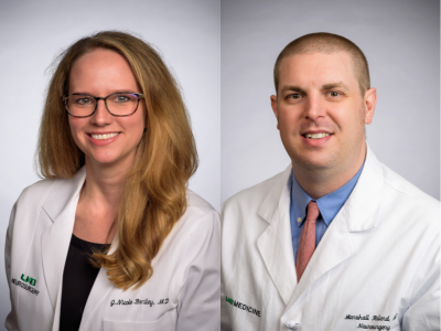 A split screen image of a headshot of female doctor on the left and a male doctor on the right, both wearing white medical coats