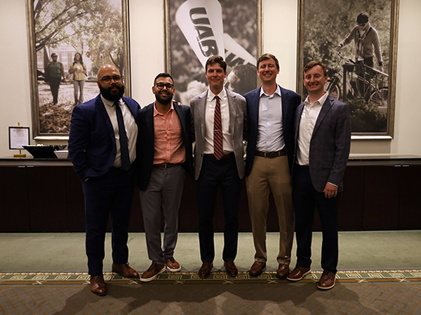 Dept. of PM&R 2026 graduates Nelson Santos Agosto, D.O.; Nandan Patel, M.D.; Ian Cummins, M.D.; David Berry, D.O.; and Casey Roark, M.D.