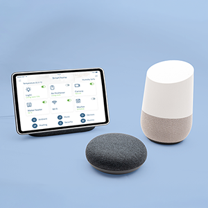 Two voice assistants and a smart home hub tablet sit in a blue room
