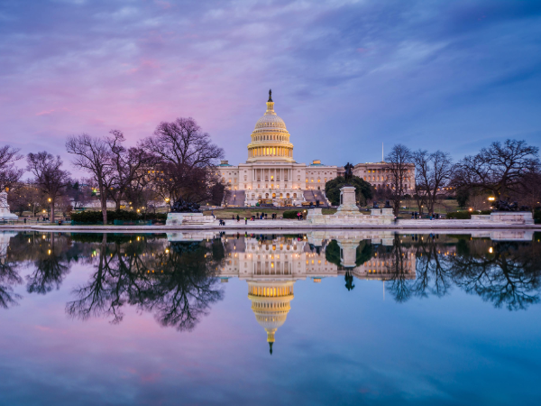 The United States Capitol at sunset, in Washington, DC.