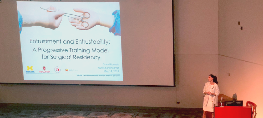 The University of Michigan's Dr. Gurjit Sandhu presents at Surgery Grand Rounds on Tuesday, May 14, as this year's Department of Surgery Education Retreat featured speaker. (Photo courtesy of @DChu80 on Twitter)