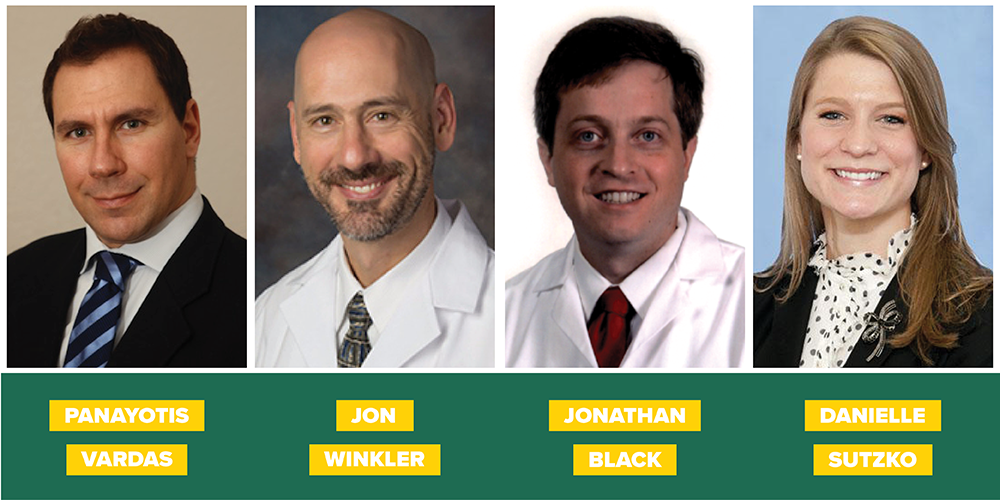 Five new faculty are joining the Department of Surgery this summer: Drs. Panayotis Vardas, David Northern (not pictured), Jonathan Black, Jon Winkler and Danielle Sutzko.