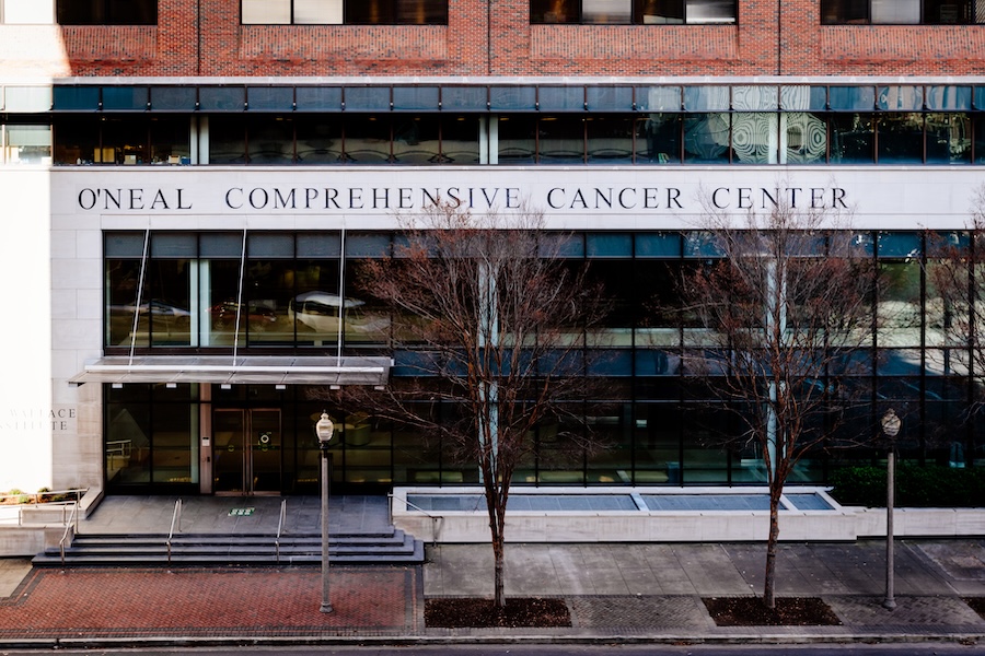 Exterior of O'Neal Comprehensive Cancer Center, January 2021.