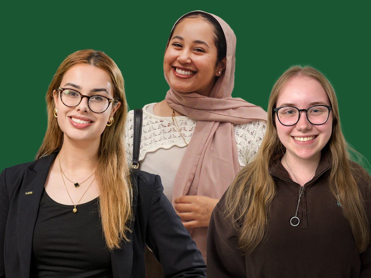 Headshots of the three students on a green background.