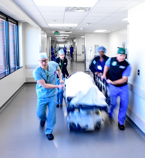 Inside trauma gurney in OR hallway 20 1