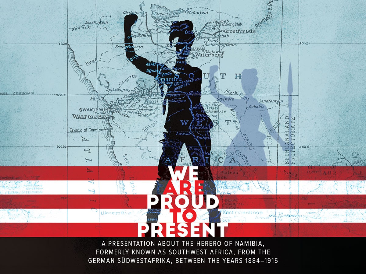 In an illustration, a woman stands with one arm raised in front of a map of South Africa.