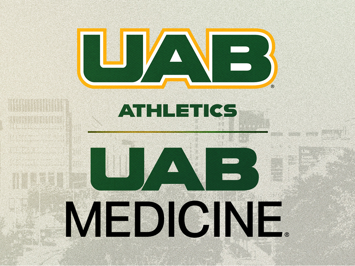 UAB Athletics and UAB Medicine logos displayed on a textured background with a faint image of the Birmingham skyline.