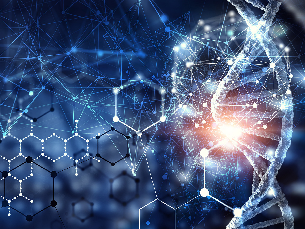 A graphic displaying a double helix and various molecular chain structures.