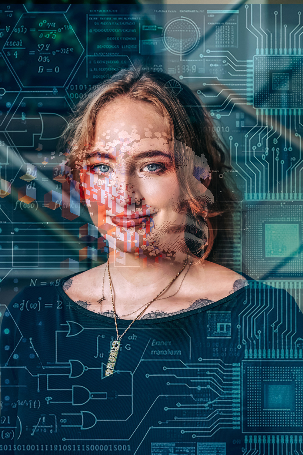 A young woman looks at the camera with multiple layers of circuitry and scientific diagrams layered over the original image