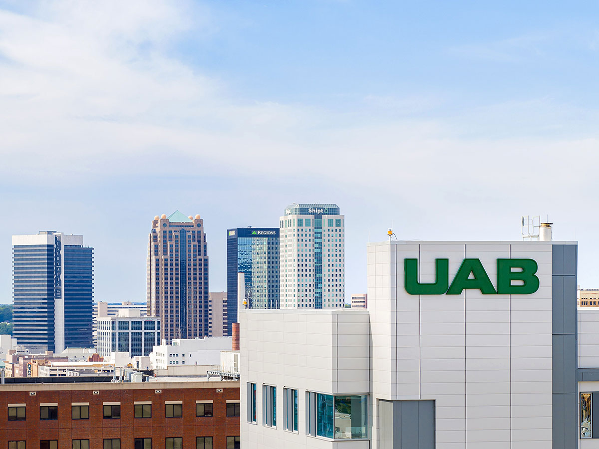Aerial view of Birmingham skyline with Inpatient Rehabilitation Building in the foreground