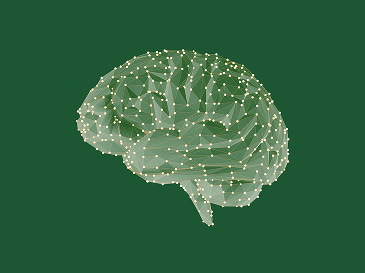 The outline of a brain is filled with brightly colored dots, depicting potential connections, in this illustration