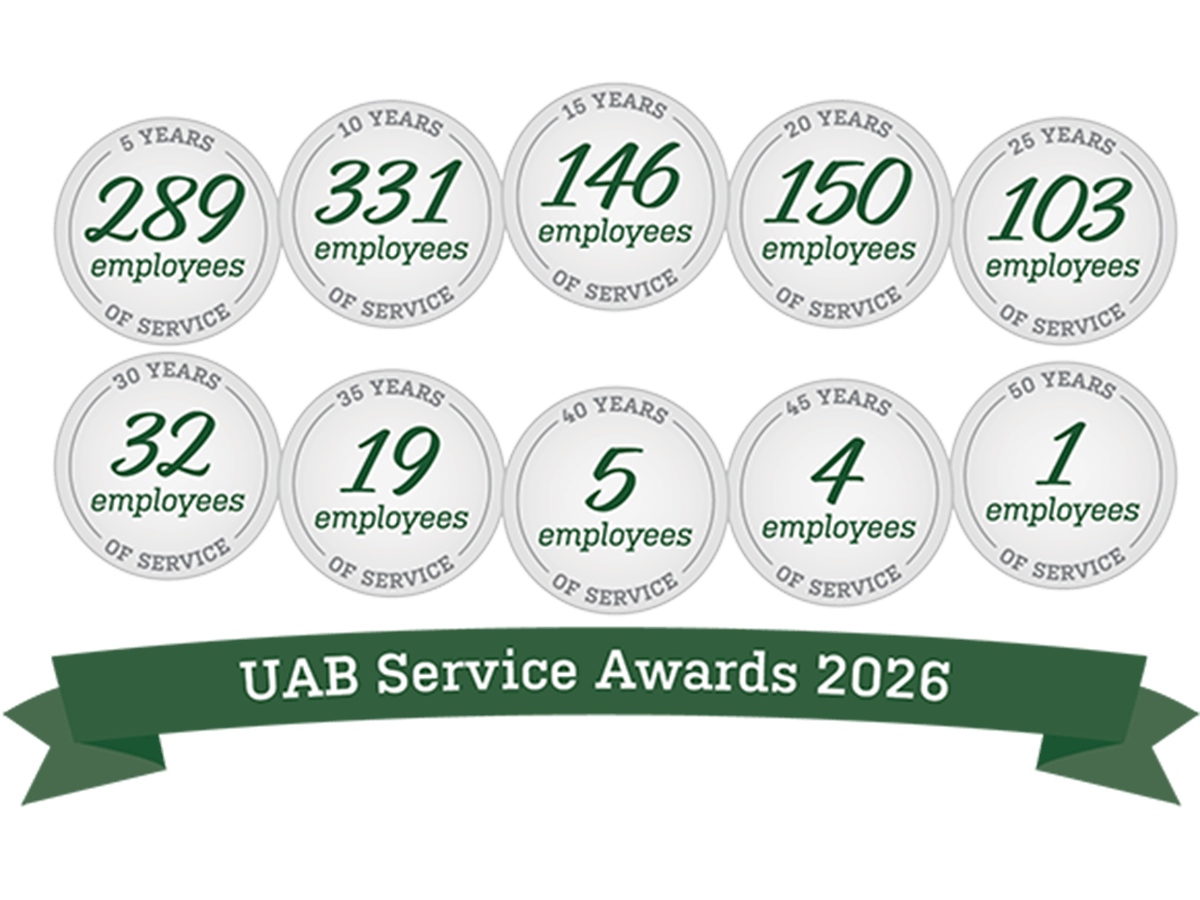 UAB Service Awards 2026 graphic lists the number of employees receiving awards at various levels of service (see full text of graphic in article)