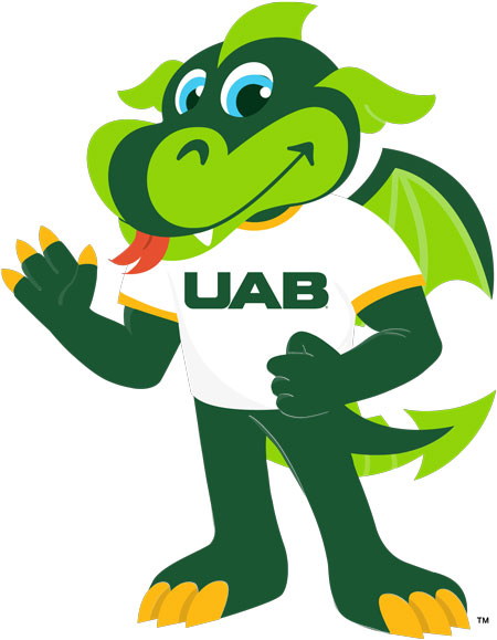 Cartoon Blaze wearing a white T shirt with yellow ringer and U A B monogram