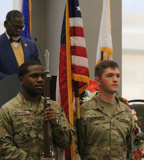 UAB ROTC Color Guard presenting colors at 2024 Wreath Laying Ceremony